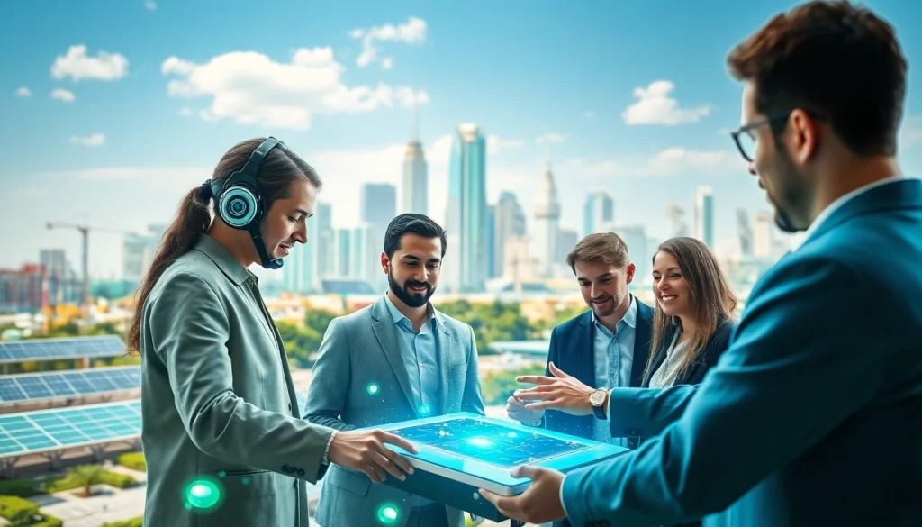 Showcasing advanced Technology through diverse professionals collaborating on futuristic devices.