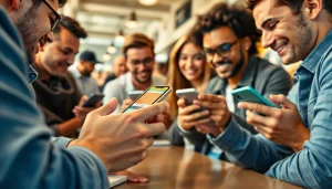 Engaged users exploring the best sports betting sites in India through mobile apps in a lively café.