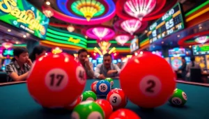 Menghadirkan suasana situs togel dengan pemain bersemangat dan bola lotere berwarna-warni.