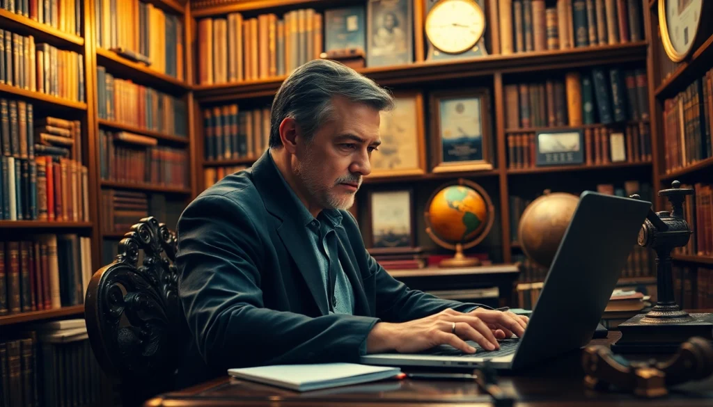 Action thriller author pondering ideas in an atmospheric library filled with books.