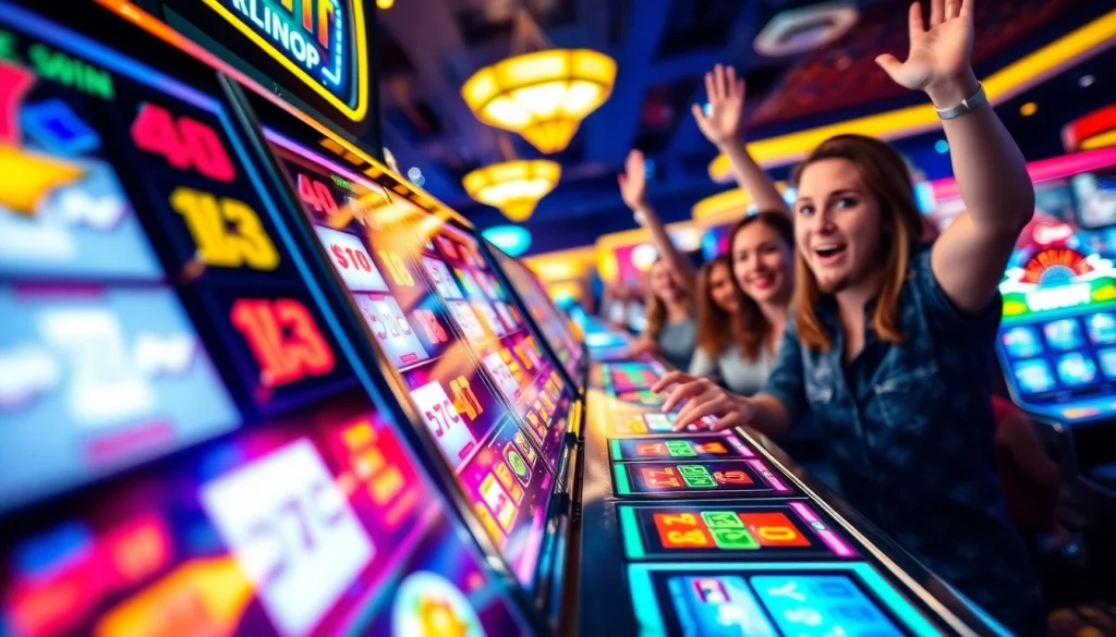 Menggambarkan suasana permainan dengan slot gacor yang meriah, menampilkan momen kemenangan jackpot yang penuh semangat.