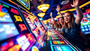 Menggambarkan suasana permainan dengan slot gacor yang meriah, menampilkan momen kemenangan jackpot yang penuh semangat.