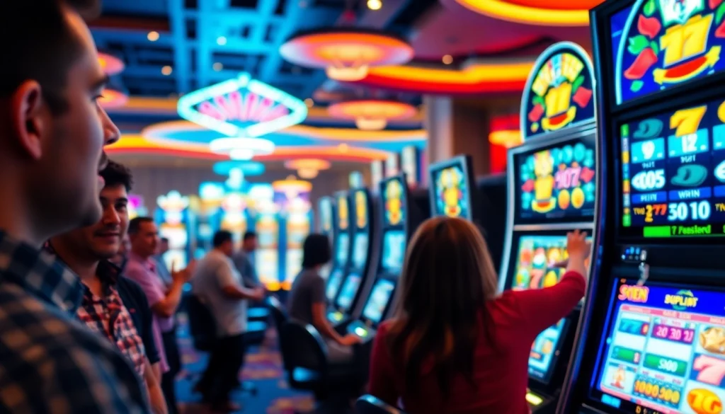 Menampilkan pemain menikmati situs slot dengan mesin slot yang cerah dan ramai.