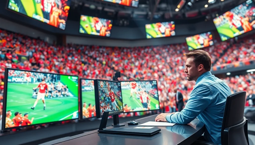 스포츠중계에 대한 고화질 방송 장면을 보여주는 역동적인 장면