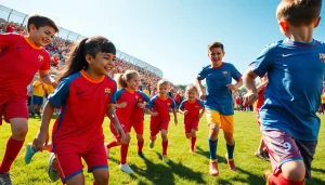 Kids enjoying a football match in their vibrant cheap football kits, showcasing teamwork and excitement.