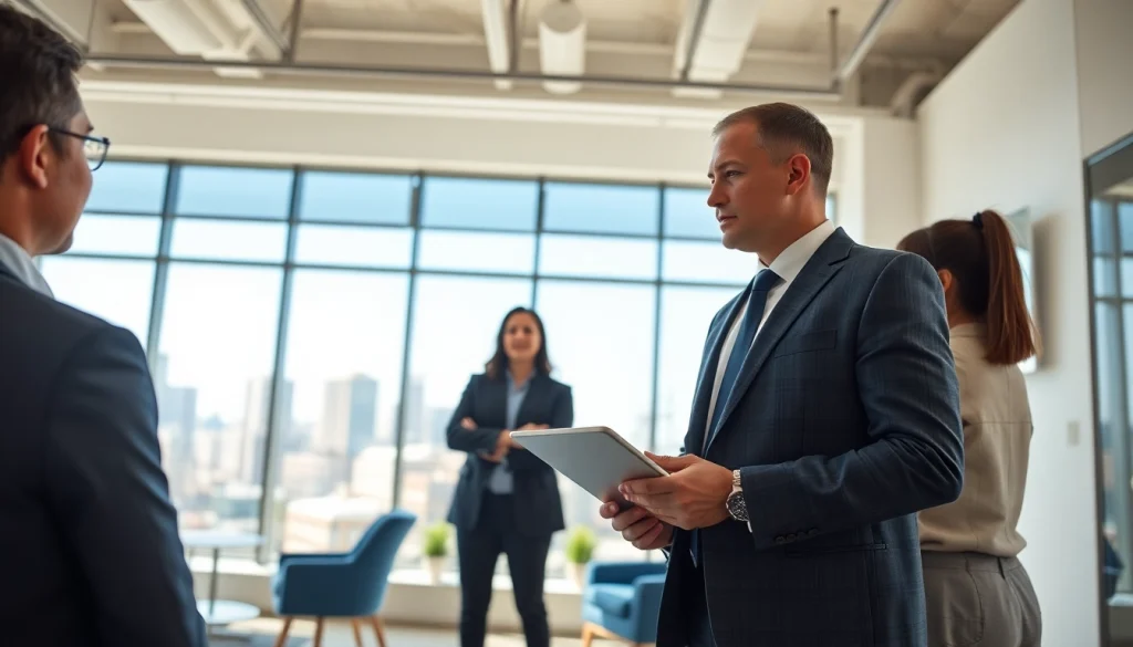 Real Estate agent negotiating with clients in a modern office environment.