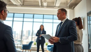 Real Estate agent negotiating with clients in a modern office environment.
