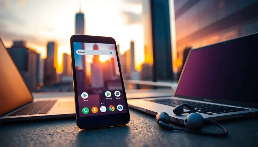 C168 smartphone displayed prominently against a vibrant city skyline, showcasing modern technology.