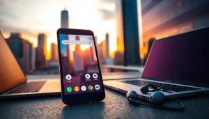 C168 smartphone displayed prominently against a vibrant city skyline, showcasing modern technology.