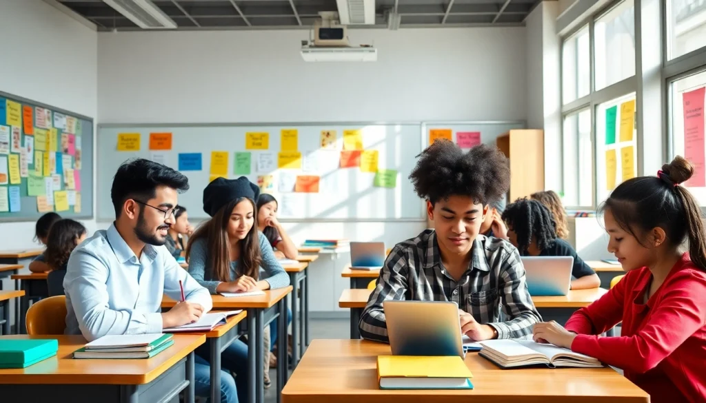 Students collaborating on education projects in a vibrant classroom environment.