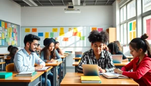 Students collaborating on education projects in a vibrant classroom environment.