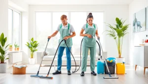 Cleaning Service professionals efficiently working in a bright living room, showcasing cleanliness and organization.