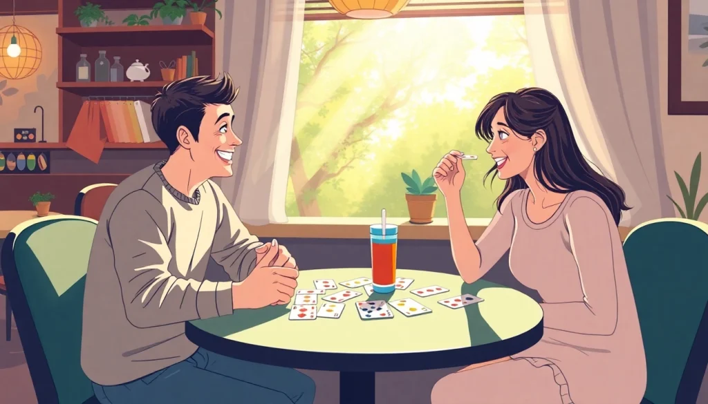 Engage in an exciting game of Ok rummy with friends at a cozy café setting.