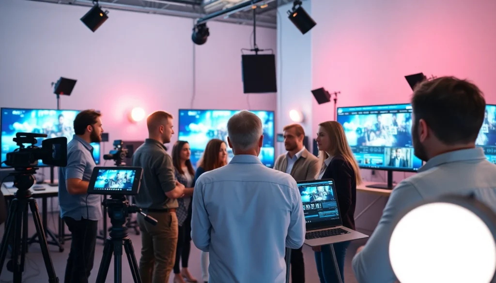 Engaged video production agency team collaborating in a vibrant studio environment.