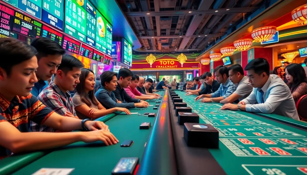 Menampilkan suasana Toto Macau yang ramai dengan pemain yang bersemangat untuk bertaruh.
