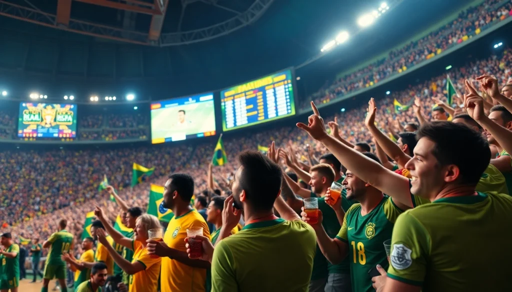 Engaging scene of sports betting Brazil in a lively stadium during a match celebration.