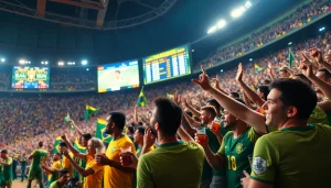 Engaging scene of sports betting Brazil in a lively stadium during a match celebration.
