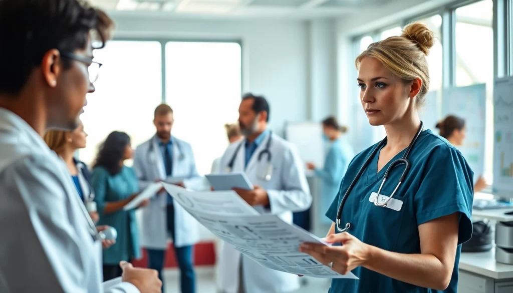 Enhance Health understanding with a nurse reviewing patient charts in a modern healthcare setting.