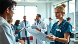 Enhance Health understanding with a nurse reviewing patient charts in a modern healthcare setting.