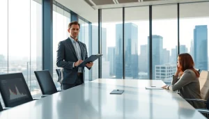 Crisis management consultant engaging in strategy discussions in a modern office setting.