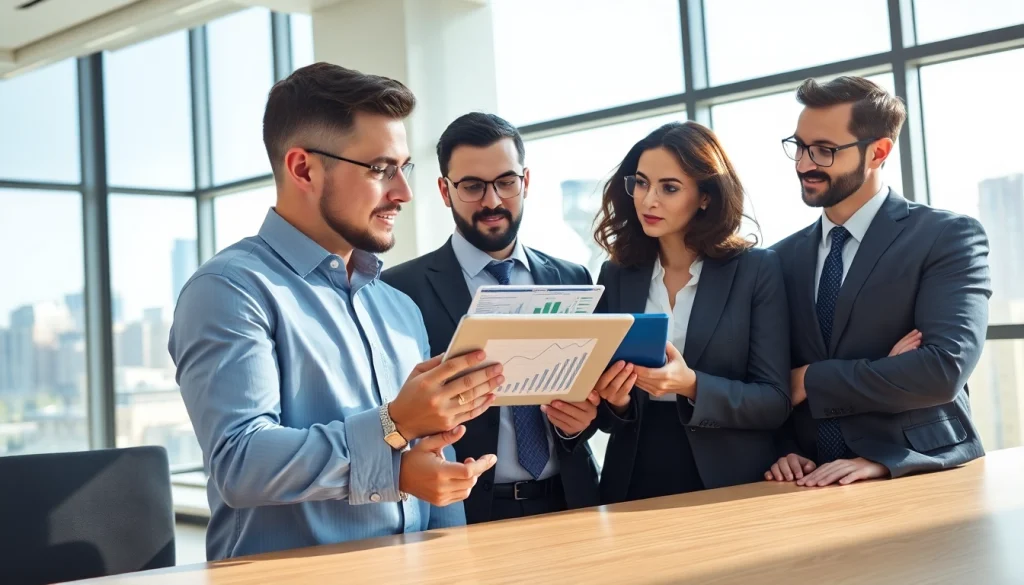 Analyze competitive intelligence data with a business team in a bright office.