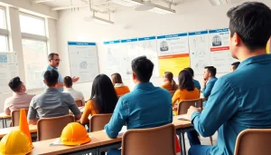 Engaged participants undergoing construction safety training in a professional learning environment.