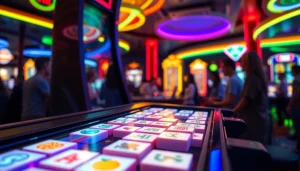 Menampilkan pengalaman bermain slot mahjong yang menarik dengan mesin berwarna-warni dan pemain yang bersemangat.