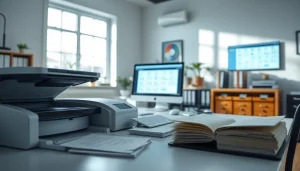 Streamlined workspace digitising records with a scanner and digital archive setup.