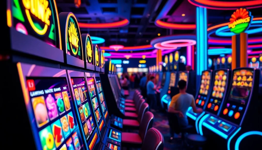 Nikmati slot depo 1000 dengan suasana kasino modern dan slot machines berwarna cerah.