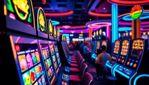 Nikmati slot depo 1000 dengan suasana kasino modern dan slot machines berwarna cerah.