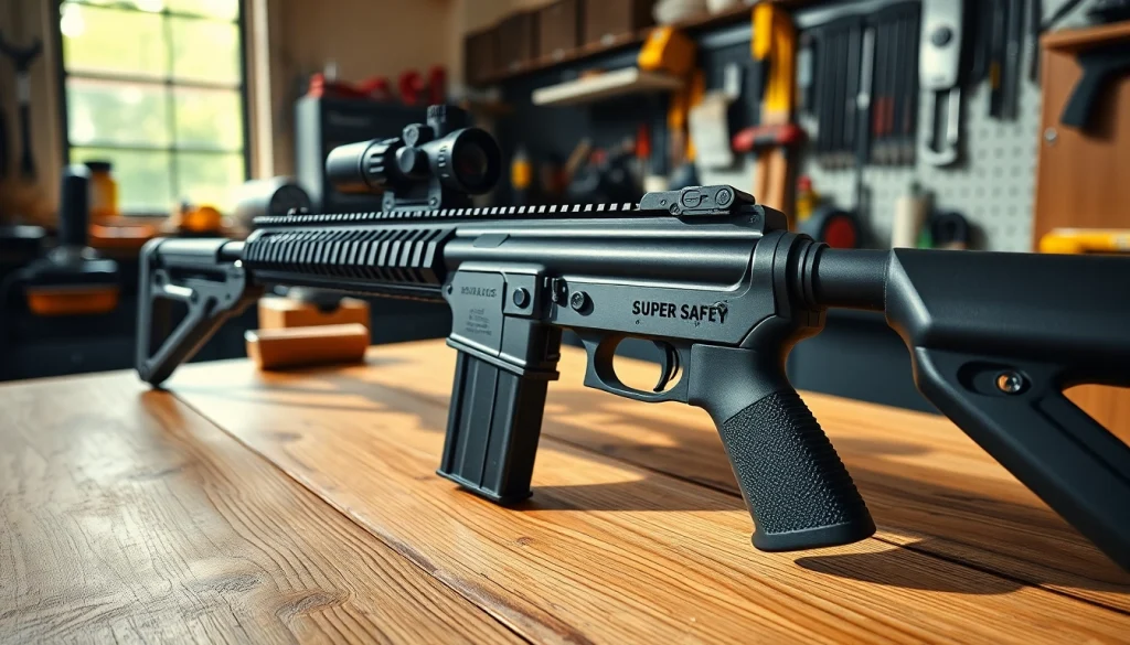 AR super safety trigger displayed prominently on an AR-15 platform in a workshop setting.