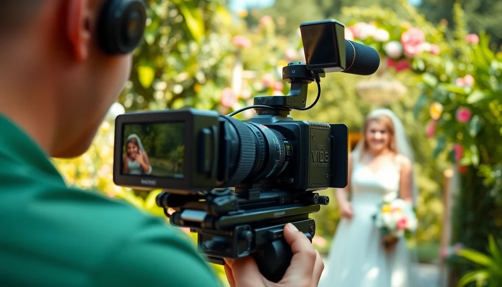 Videographer filming a wedding ceremony surrounded by a lush garden setting.