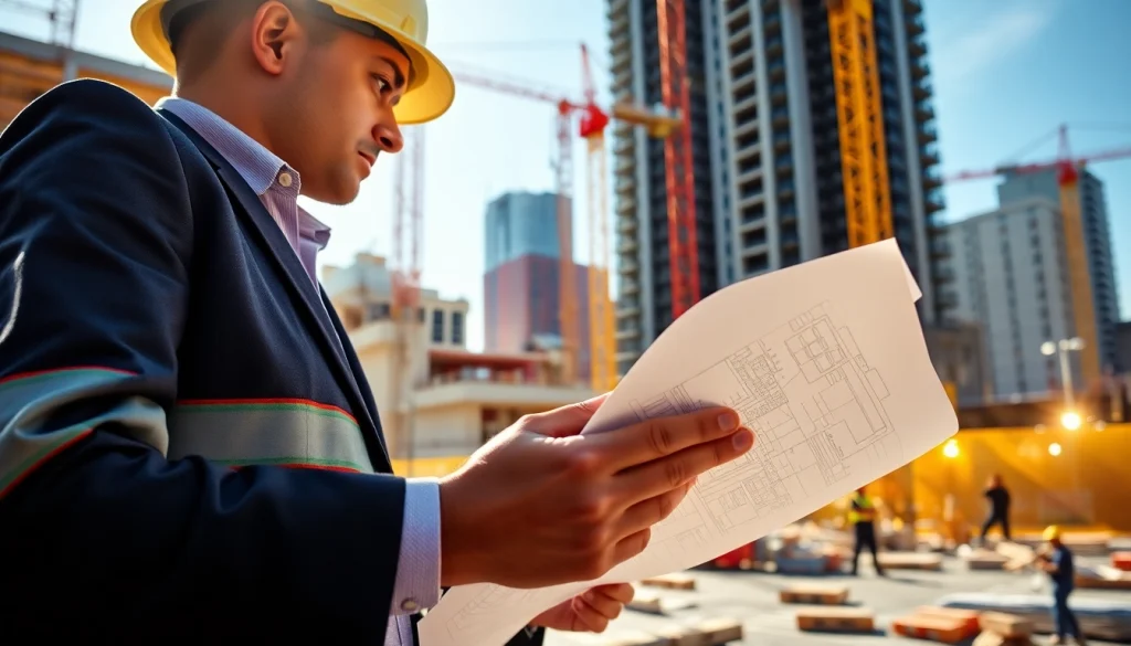 A construction manager reviewing blueprints on a New Jersey job site, showcasing expertise and leadership.