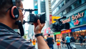 Videographer capturing a vibrant street scene in an urban environment with a DSLR camera.