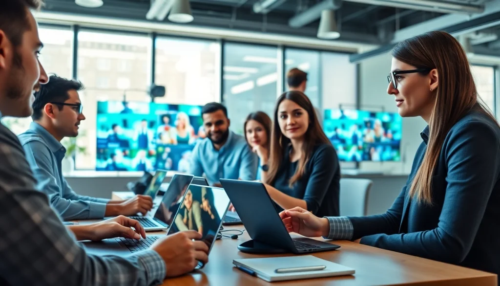 Engaging professionals in corporate video production enhancing creativity in a modern office.