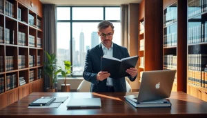 Intellectual property lawyer reviewing documents in a modern office environment