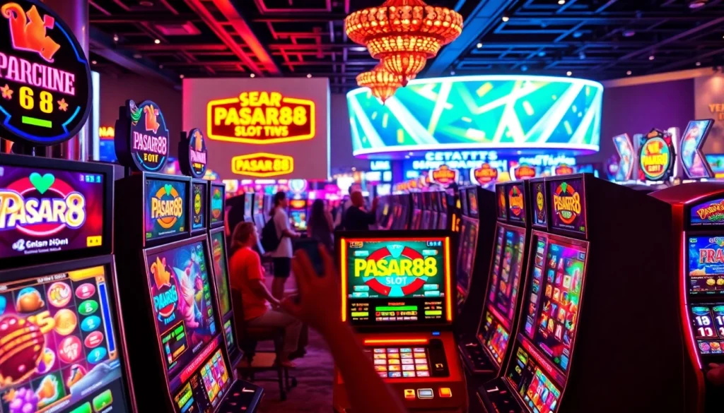 Rasakan keseruan di mesin slot PASAR88 SLOT dengan gamer bersemangat di latar belakang.
