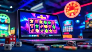 Permainan slot depo 5000 menampilkan grafik berwarna cerah di layar laptop.