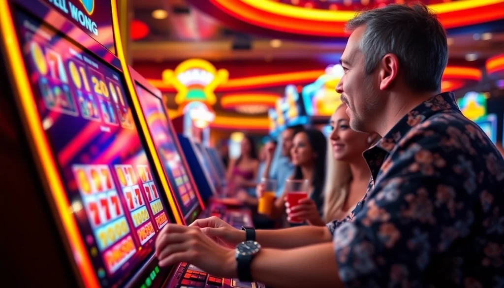 Slot bet 50 menunjukkan pemain bersemangat memutar mesin slot dengan latar belakang kasino yang berwarna-warni.