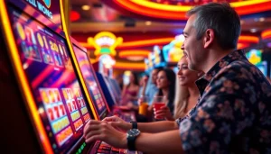 Slot bet 50 menunjukkan pemain bersemangat memutar mesin slot dengan latar belakang kasino yang berwarna-warni.