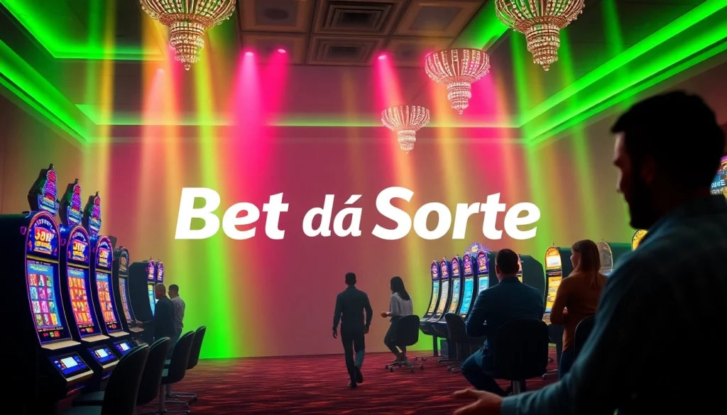 Apostas emocionantes na Bet dá Sorte, com jogadores animados e jogos de cassino ao fundo.