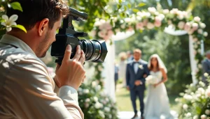Videographer filming a wedding outdoors with a lush background and joyful atmosphere.