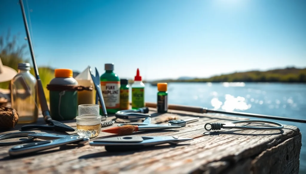 Showcase of various fly fishing accessories including nippers and hemostats on a rustic wooden table.