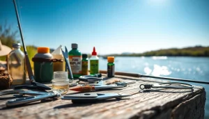 Showcase of various fly fishing accessories including nippers and hemostats on a rustic wooden table.