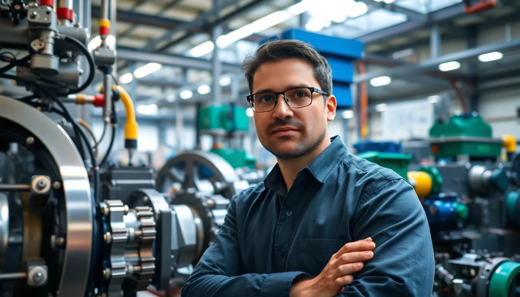 Engineer examining machinery as part of the das 140 process in a factory environment.