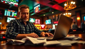 Engaged sports bettor analyzing odds for sports betting Georgia in a lively atmosphere.