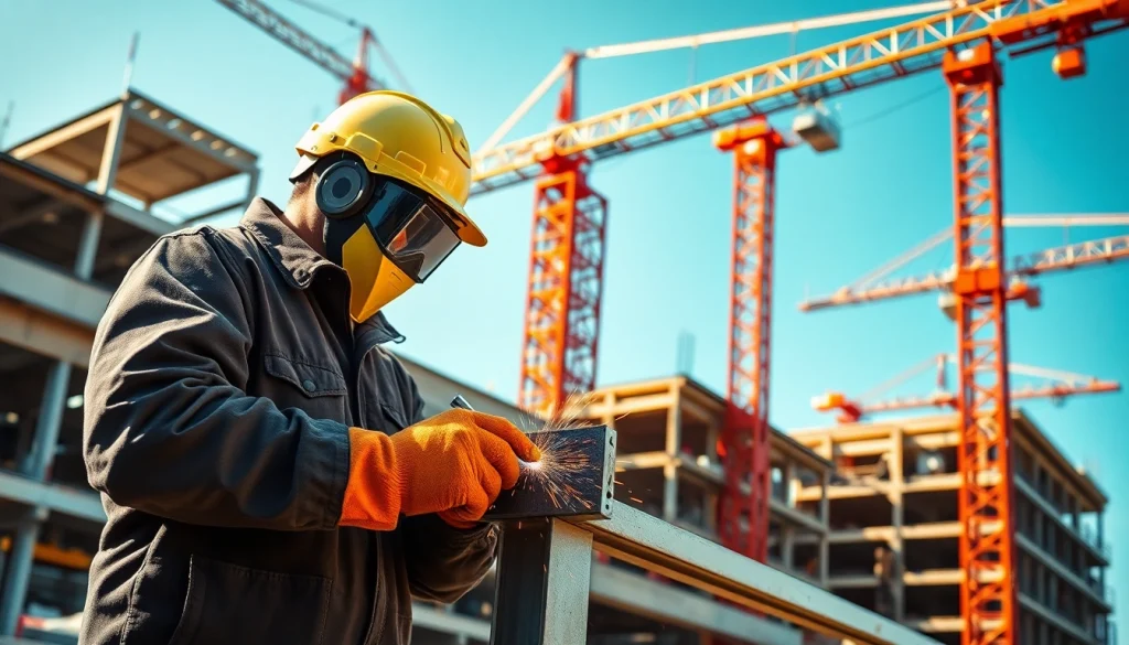Welding process in structural steel welding, showcasing a skilled welder in action.