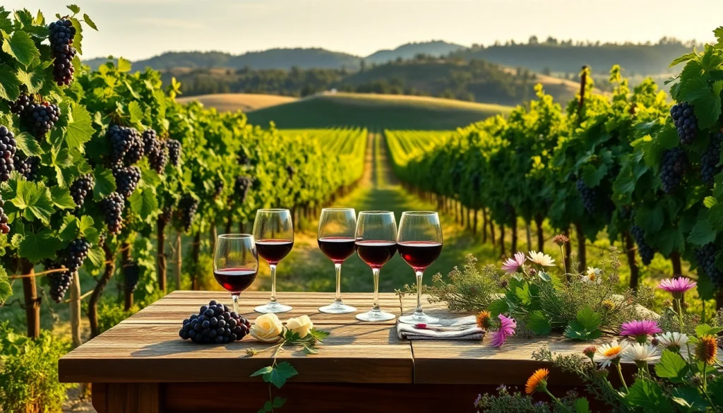 Enjoying wineries in Clarksburg with elegant wine glasses in a vibrant vineyard setting.