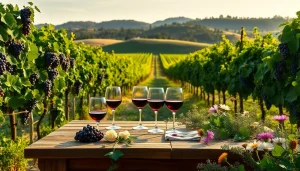 Enjoying wineries in Clarksburg with elegant wine glasses in a vibrant vineyard setting.