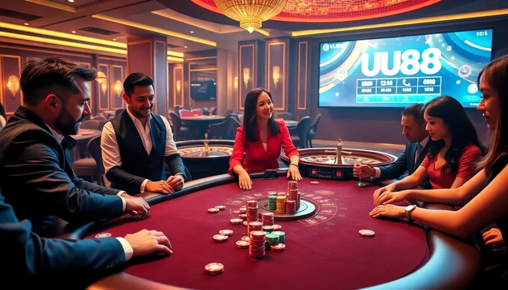 Players enjoying a poker game at a luxurious casino, highlighting the uu88 betting experience.